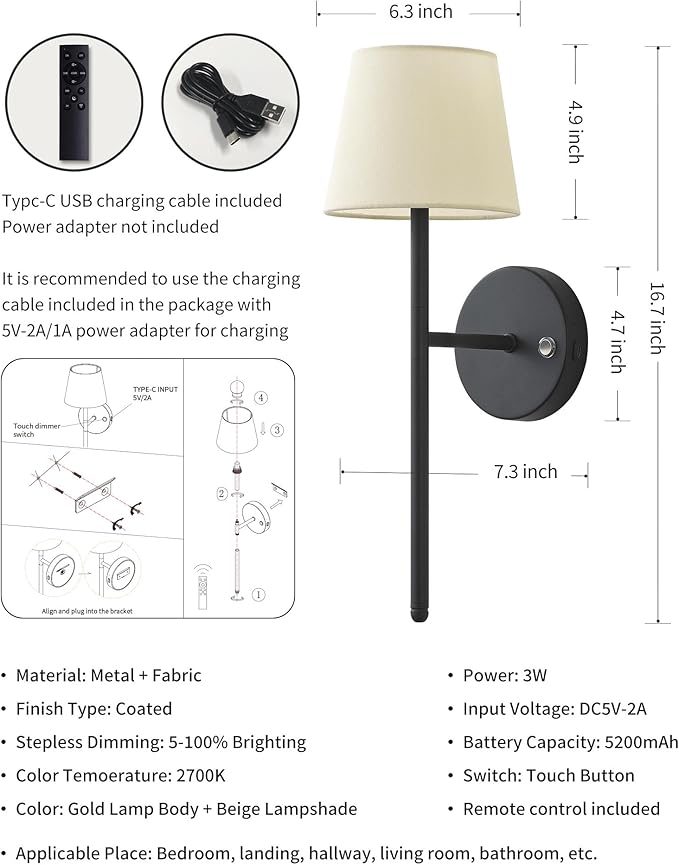 Battery Operated Wall Sconce Set of 2, Small LED Rechargeable Wall Lights - Image 5