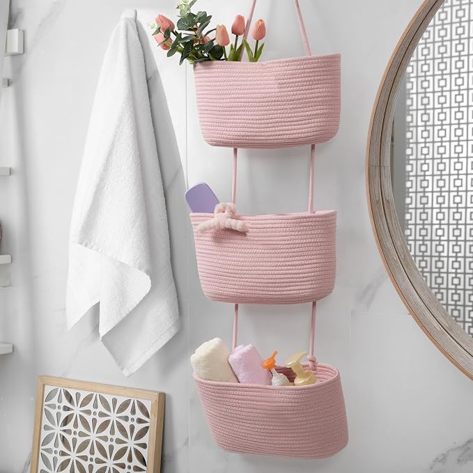 TeoKJ Over the Door Hanging Basket, 3-Tier Woven Cotton Wall-Mounted Storage - Image 6