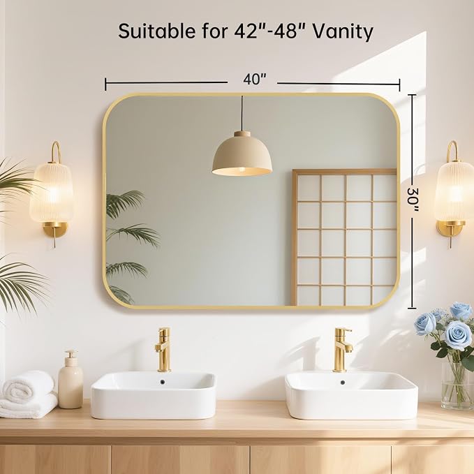 40x30 Inch Gold Bathroom Mirror, Brushed Gold Metal Framed Rectangular Mirror - Image 7