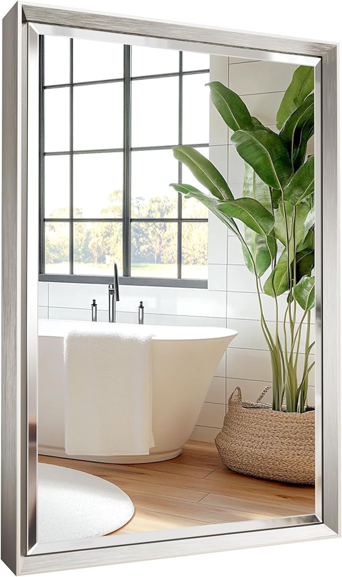 Brushed Nickel Bathroom Mirror, Rustproof Rectangle Framed Mirror by QUEENFUN