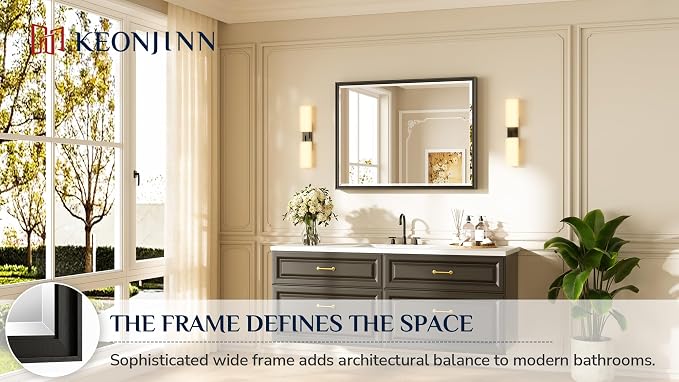 Keonjinn Black Framed Mirror 40" x 30", Decorative Aluminum Alloy Frame - Image 7