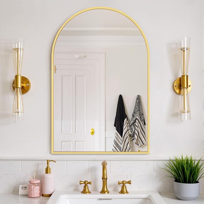 Bathroom Mirror for Wall, 36x24 Inch Arched Mirror, Matte Gold Metal Framed - Image 5