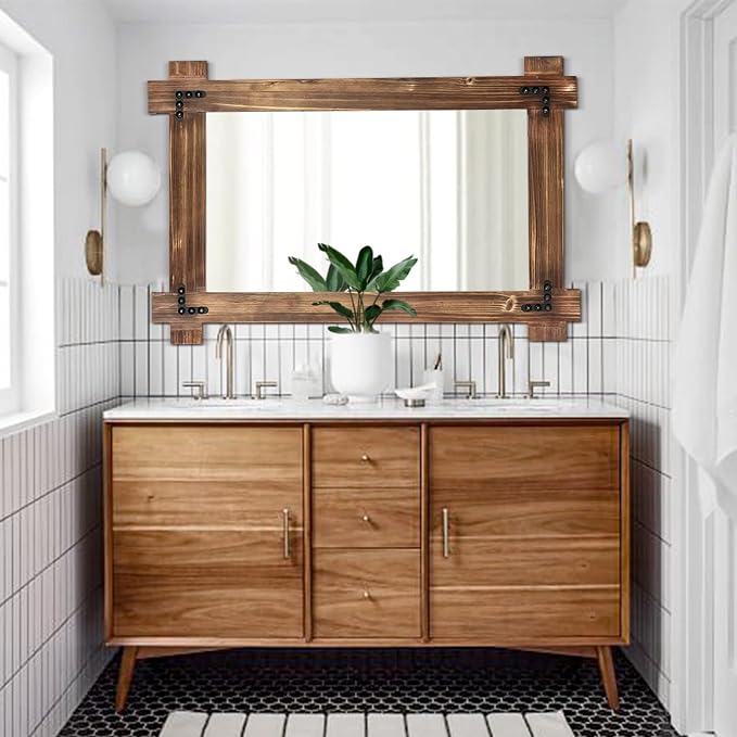 MeMoreCool 36x24 Farmhouse Rustic Wood Framed Bathroom Mirror, 24x36 Inch Wall - Image 3