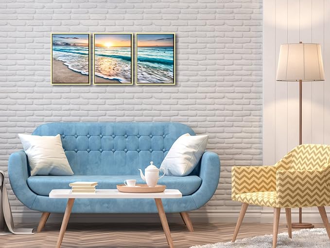 Wieco Art Framed Canvas Wall Art 3 Panel Blue Beach - Image 9
