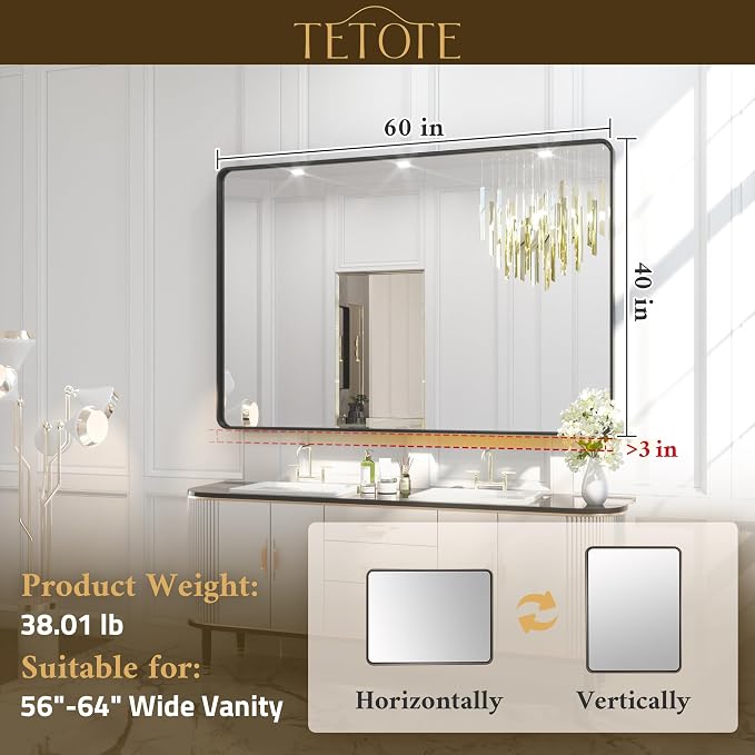 TETOTE 60 x 40 Inch Black Frame Mirror, Bathroom Vanity Mirror - Image 6