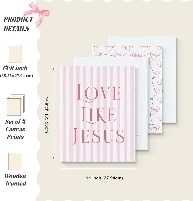 LARTSFRO Coquette Pink Bow Jesus Canvas Wall Art Decor Posters Prints, Light - Image 2