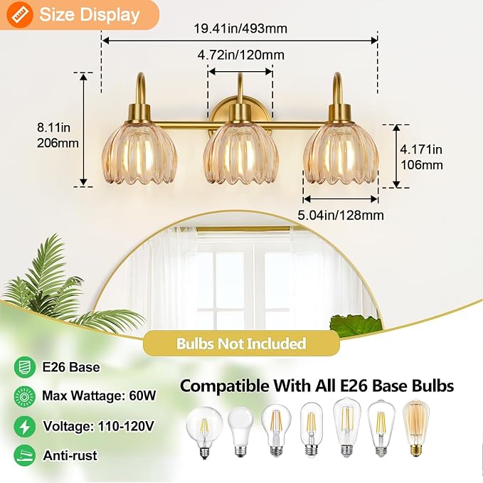 Bathroom Light Fixtures, 3-Light Brushed Gold Vanity Lights - Image 8