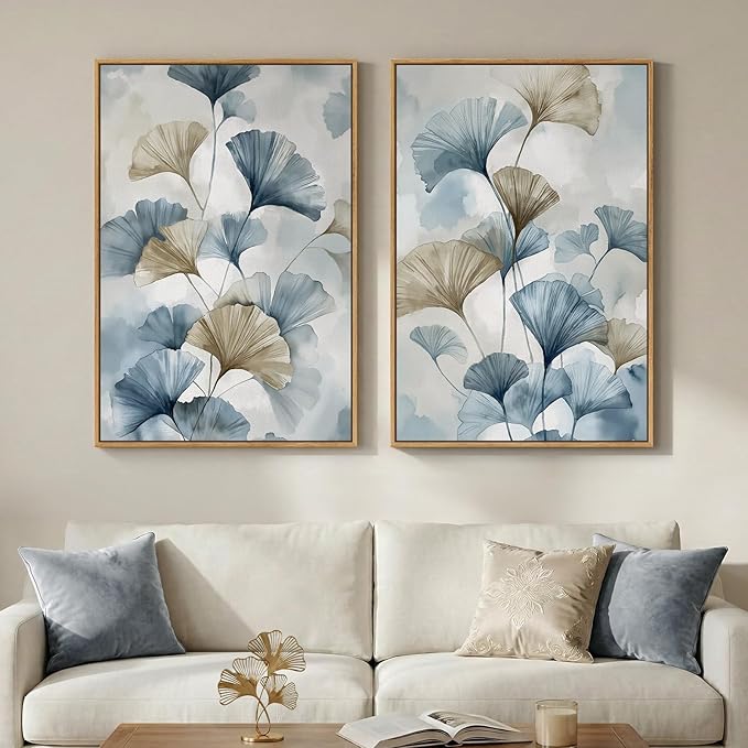 Large Framed Blue Botanical Wall Art Set of 2, Neutral Minimalist Canvas by Cuspin