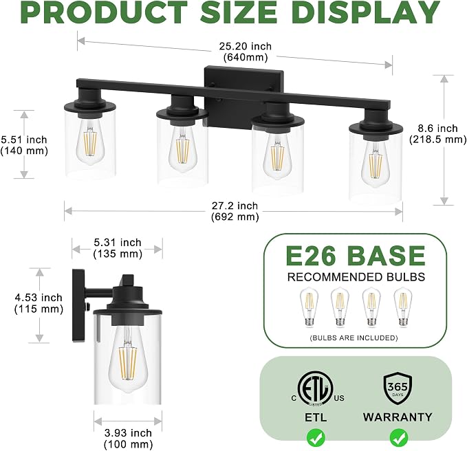 DORESshop Bathroom Light Fixtures, 4-Light Black Bathroom Lighting Fixtures - Image 4
