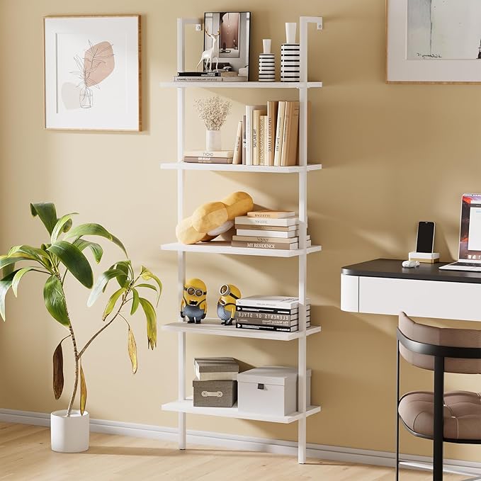 aboxoo Ladder Shelf White Wooden Bookshelf 5-Tier Wall-Mounted Open Wood Rack - Image 5