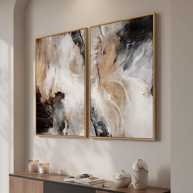 Large Framed Neutral Abstract Set of 2 Wall Art - Image 2