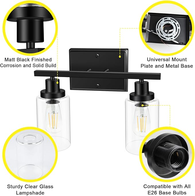 Ascher 2-Light Wall Sconces, Modern Vanity Light Fixture Black Finish, Wall - Image 6