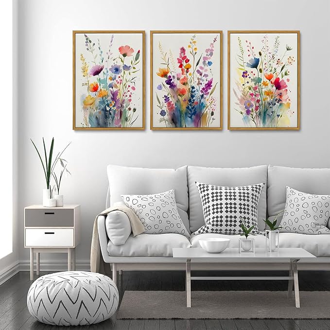 KISSFOX Framed Colorful Wildflower Canvas Wall Art Set Of 3 Flowers Pictures - Image 2