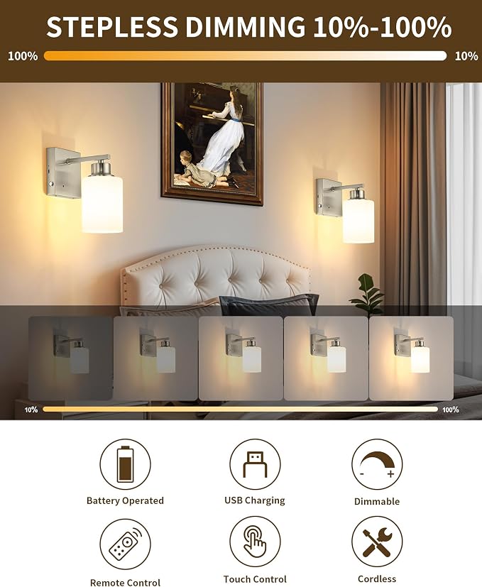 Rayogale Wireless Wall Sconces, Nickel Battery Operated Wall Sconce Set of 2 - Image 2