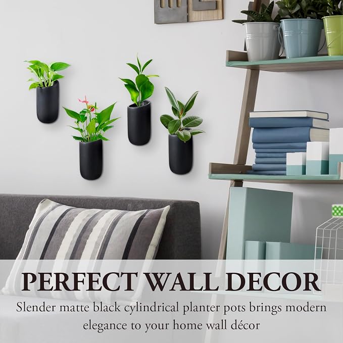MyGift 7.5 Inch Wall Mounted Modern Matte Black Ceramic Cylindrical Plant - Image 2