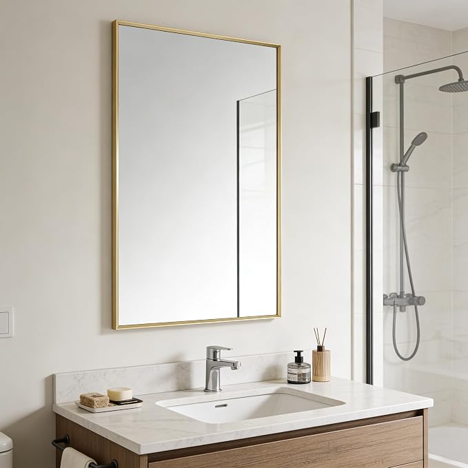 Bathroom Mirror for Wall, 20x30 Inch Metal Framed Mirror, Brushed Gold - Image 3