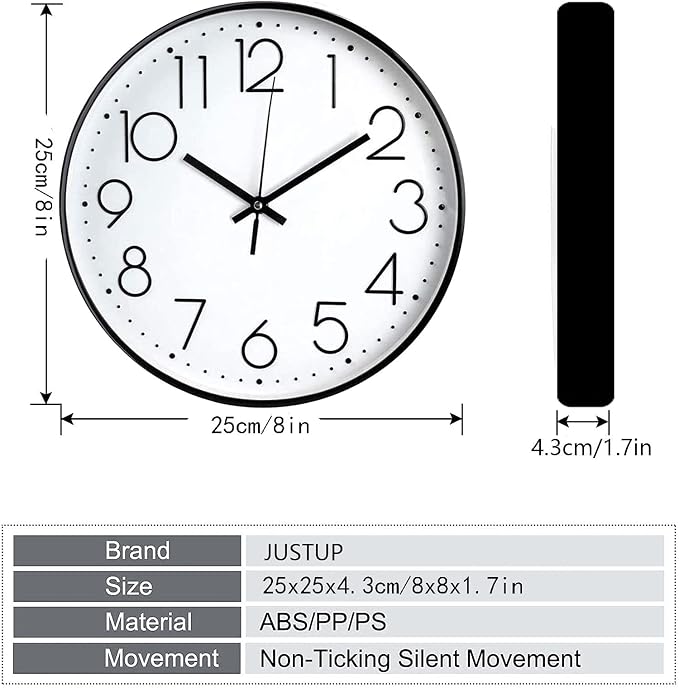 JUSTUP 8in Non-Ticking Wall Clock, Silent Battery Operated Wall Clock - Image 6