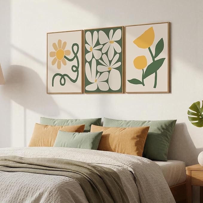 Framed Boho Abstract Wall Art Bedroom, 3 Piece Green and Yellow Mid Century - Image 2