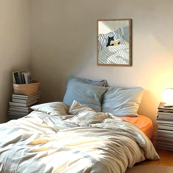 Funny Black Cat Wall Art Painting, Whimsical Cat in Stripe Bed Reading Wall - Image 7