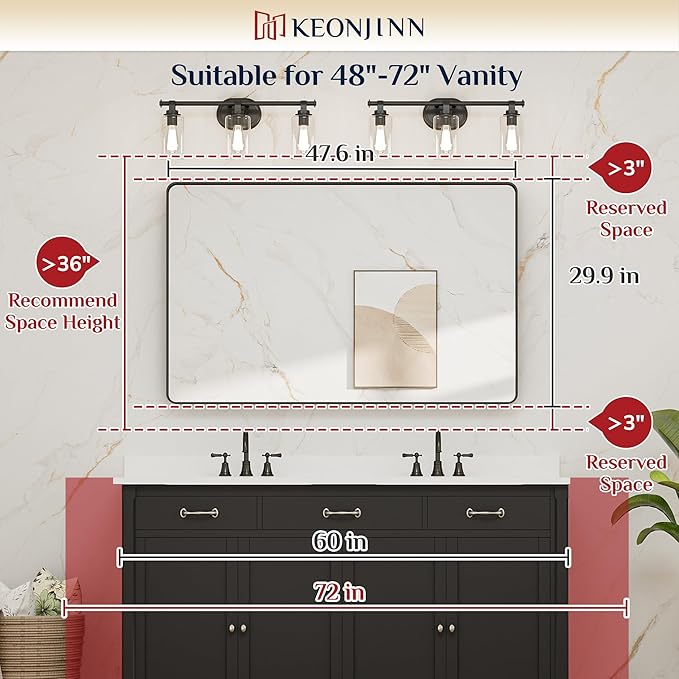Keonjinn Black Bathroom Mirror for Over Sink, 48 x 30 Inch Rounded Rectangle - Image 5