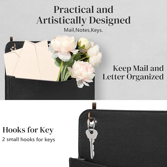 3 PCS Wall Mount PU Leather Mail Holder Black Faux Leather Letter Holder 2 Ring - Image 5