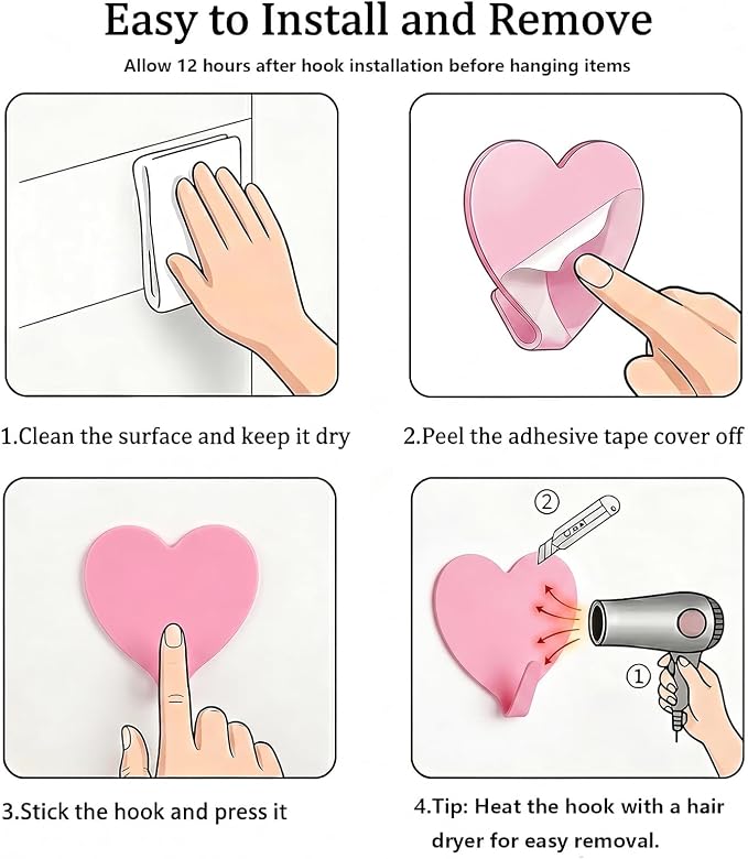 Heart Wall Hooks, 8 Pack, Small Pink Decorative Accessories, Purse Hanger - Image 7