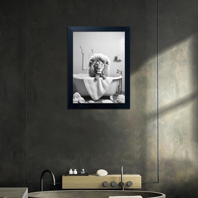 Framed Black and White Lion Wall Art Bathroom Pictures Wall Decor Funny - Image 6