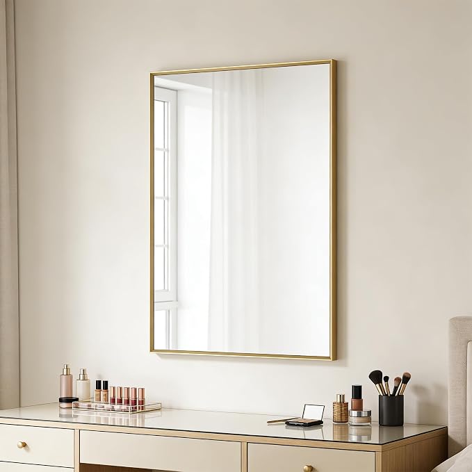 Bathroom Mirror for Wall, 36x24 Inch Metal Framed Mirror, Brushed Gold - Image 7