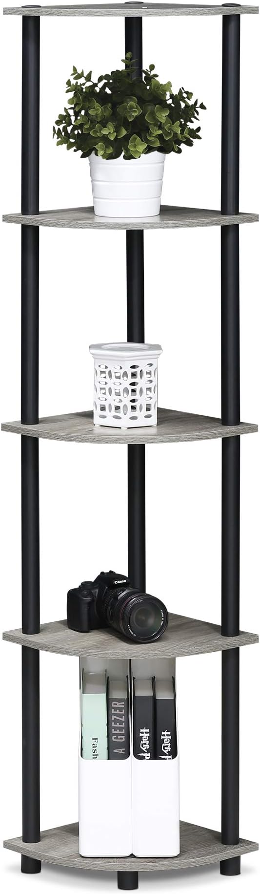 Furinno TURN-N-TUBE Corner Shelf Set of 2, 5-Tier Corner Bookshelf, Open - Image 5