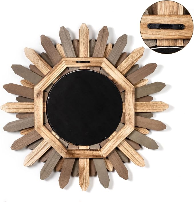 Honiway Boho Wall Decor 21 inch Wall Mirror Rustic Wood Decorative Mirror - Image 7