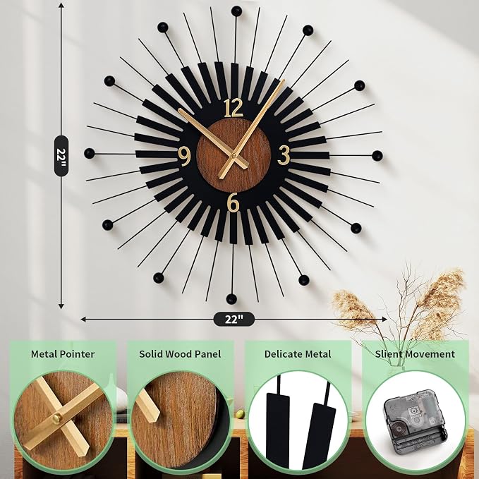 22 Inch Modern Sunburst Wall Clock Battery Operated, Silent Quartz Movement - Image 5