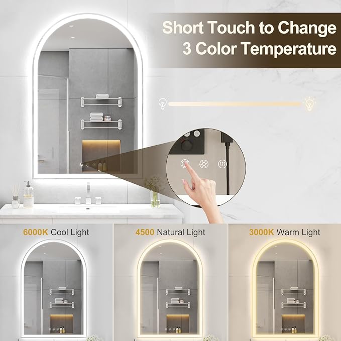 Arched LED Mirror for Bathtoom 24"x36", Shatterproof, Touch Sensor, 3 Color - Image 4