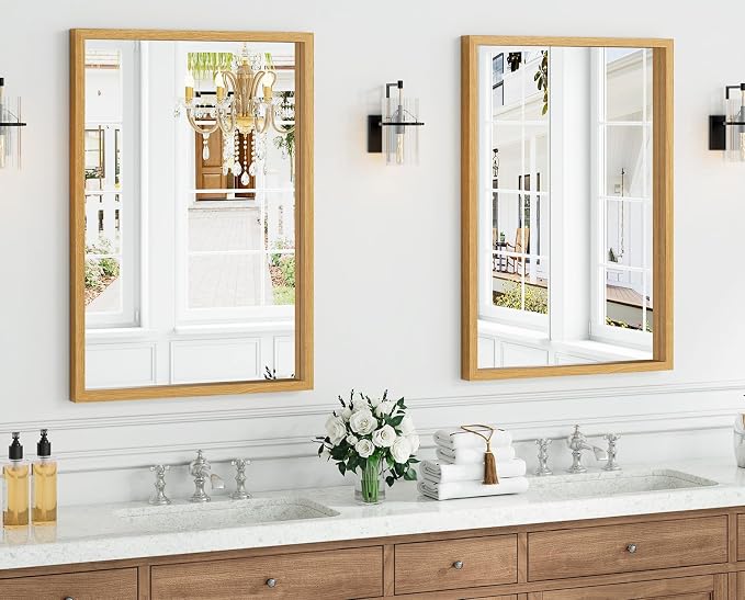 Syndra Natural Wood Frame Bathroom Mirror, 24x36'' Modern Vanity Mirror - Image 2