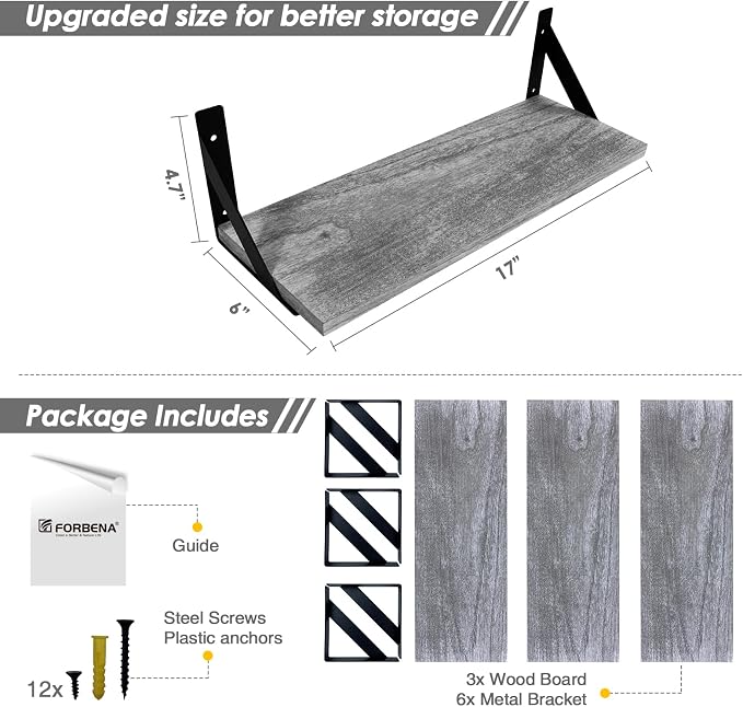 Forbena Grey Floating Shelves for Wall Decor Set of 3, Floating Book Shelves - Image 3