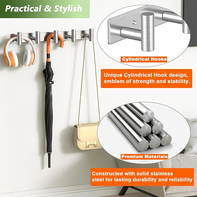 Wall Mounted Coat Rack-5 Hooks, Heavy Duty Stainless Steel Wall Hooks - Image 3