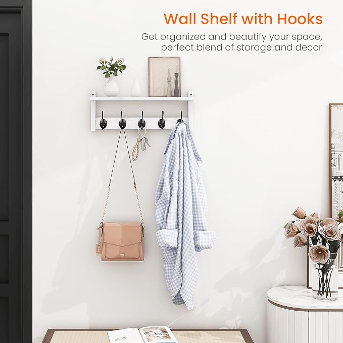 Homode Wall Shelf with Hooks, Coat Rack Wall Mount with Pegs, Hanging Entryway - Image 2