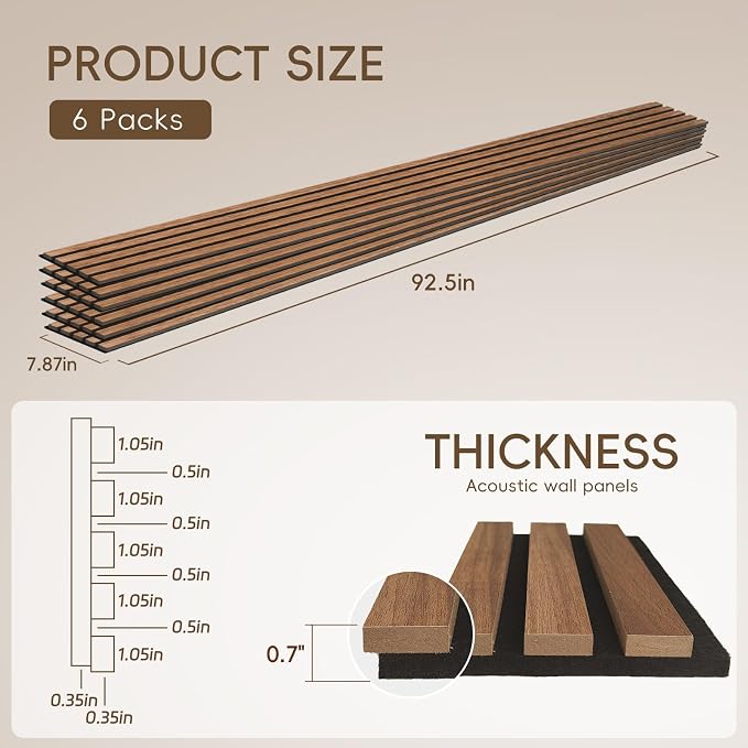 EVERECO 6 Pack Wood Slat Acoustic Wall Panels 92.5" × 7.87", 3D Sound Absorbing - Image 2