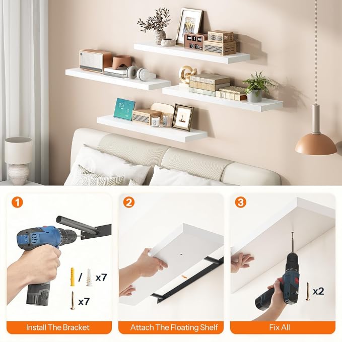 HOOBRO Floating Shelves for Wall, Wall Mounted Shelf Set of 2, 31.5" Hanging - Image 6