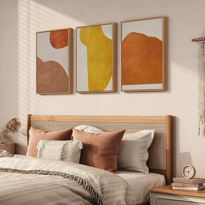 Framed Orange Abstract Boho Wall Art Bedroom, 3 Piece Neutral Mid Century - Image 2