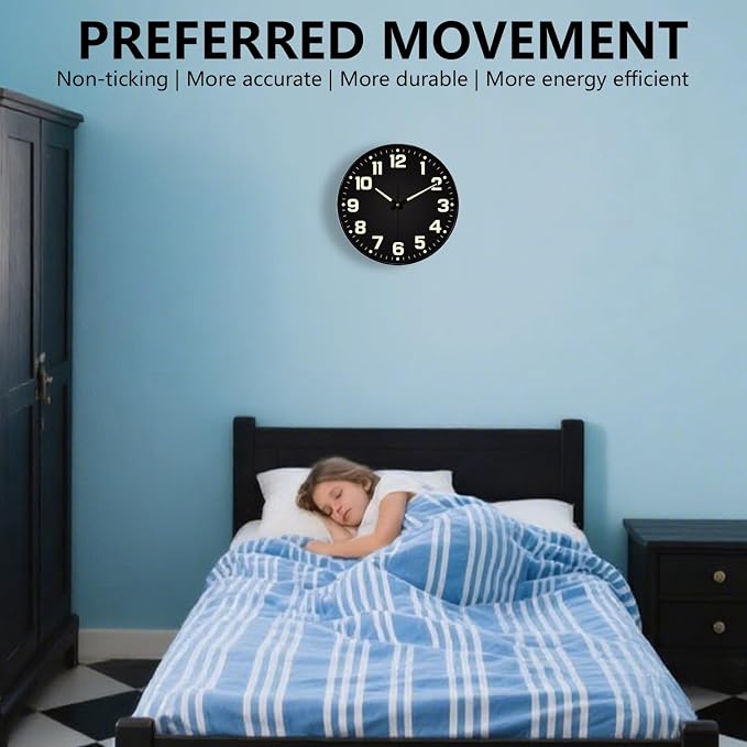 Glow in The Dark Wall Clock Non Ticking, 10 inch Silent Wall Clocks Battery - Image 6