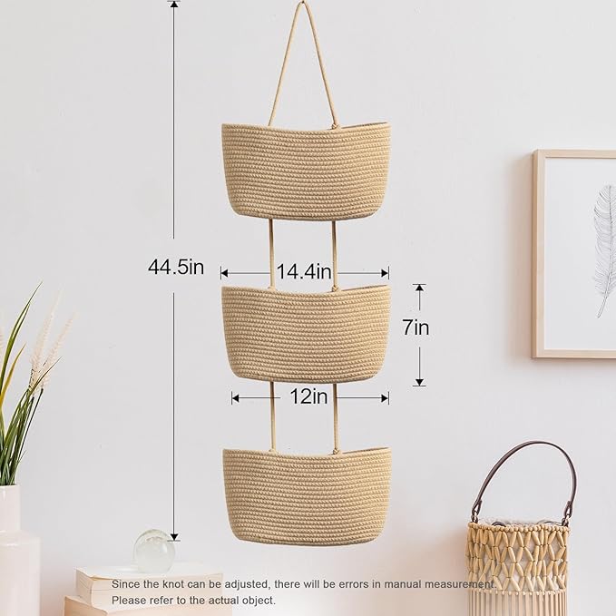 TeoKJ Over the Door Hanging Basket, 3-Tier Woven Cotton Wall-Mounted Storage - Image 3