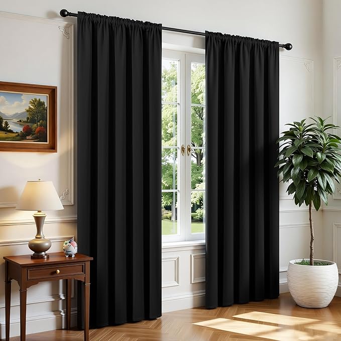 CUCRAF Black Blackout Curtains 90 inch Length 2 Panels Set, Rod Pocket Room by CUCRAF