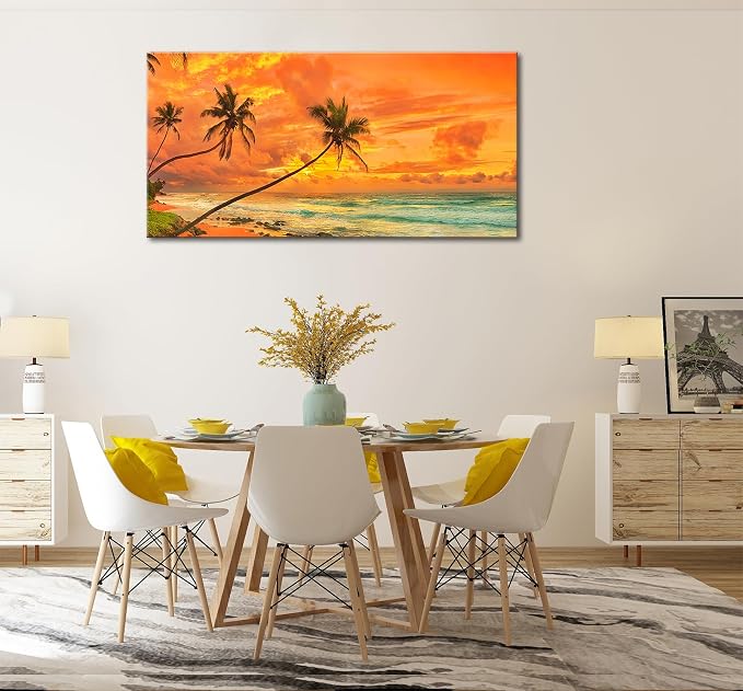 Tropical Beach Sunset Large Wall Art – Stretched & Framed Ocean Waves Canvas - Image 4