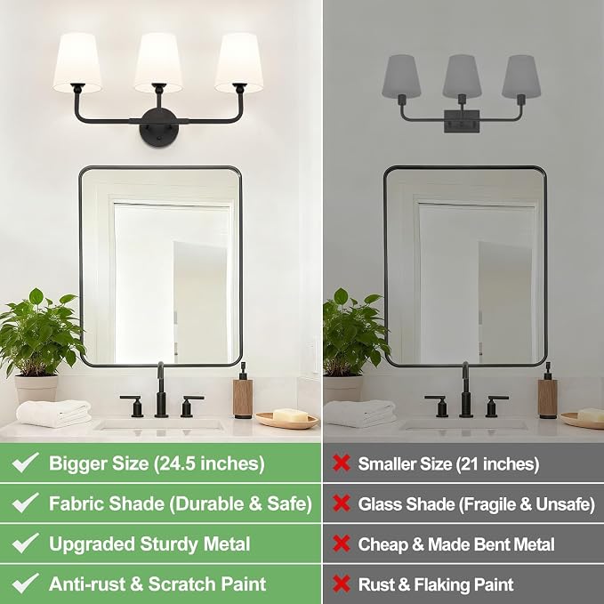 MOKATNG Bathroom Light Fixtures, 3-Light Matte Black Vanity Lights, Bathroom - Image 2