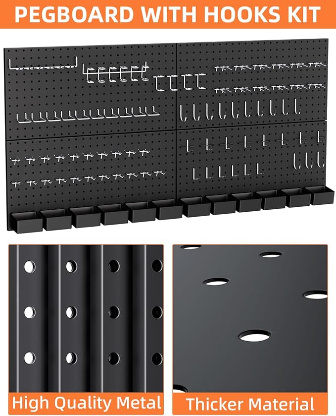 INCLY 158PCS Metal Pegboard Wall Organizer, 48x24 Inch Black Pegboard Panels - Image 6