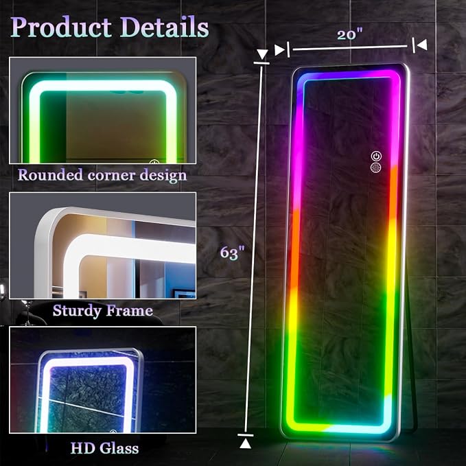 Koonmi LED Full Length Mirror, RGB Color Changing Lights, 7 Dynamic Modes - Image 5