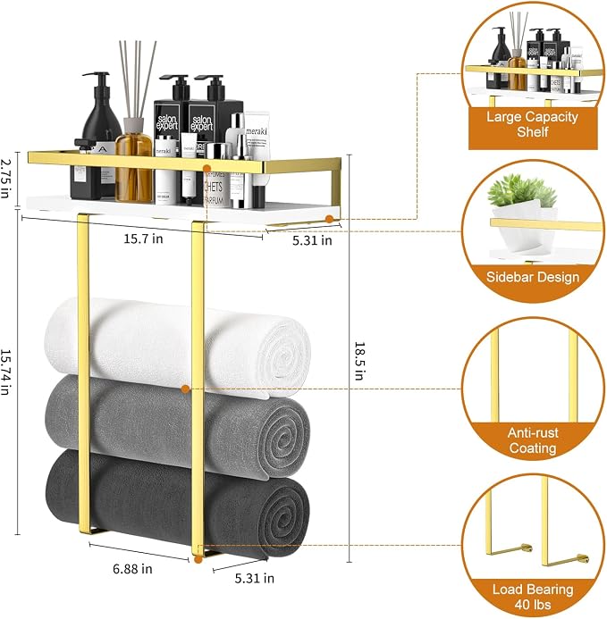 Towel Racks for Bathroom Wall Mounted, Metal Towel Holder - Image 2