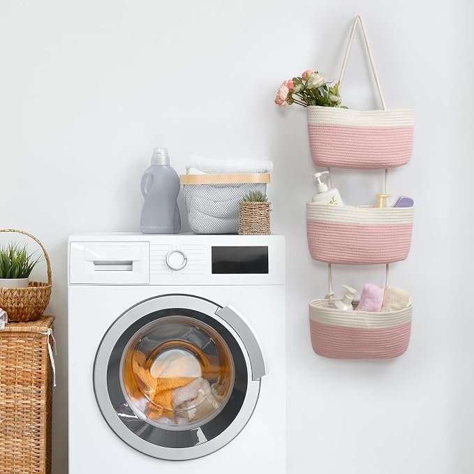 TeoKJ Over the Door Hanging Basket, 3-Tier Woven Cotton Wall-Mounted Storage - Image 8