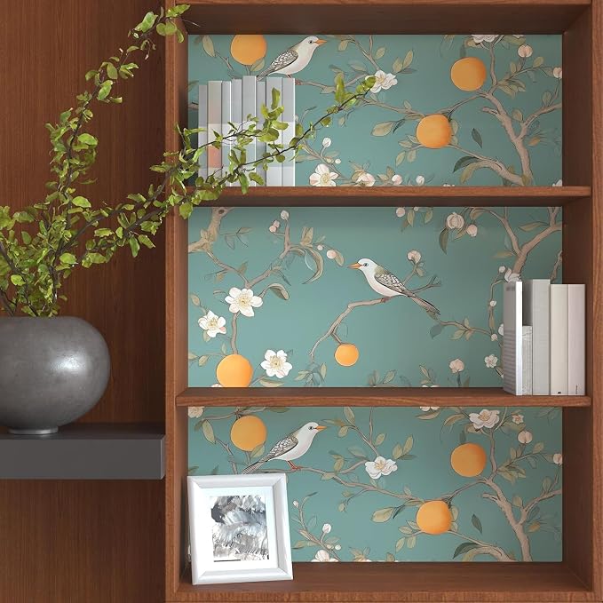 Green Floral Wallpaper Peel and Stick, Birds Contact Paper Orange Fruits - Image 4