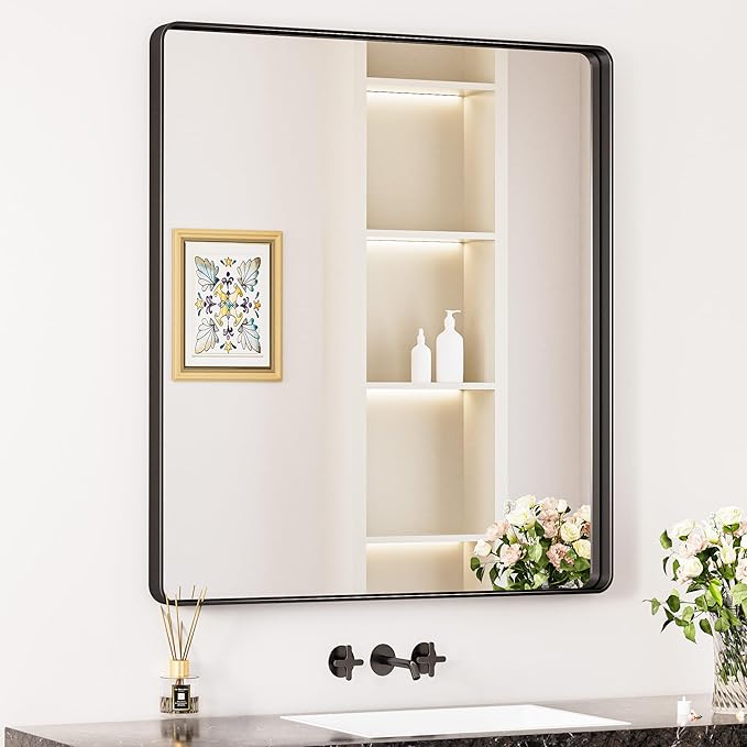 Keonjinn Black Bathroom Mirror for Over Sink, 32 x 36 Inch Rounded Rectangle by Keonjinn